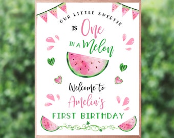 Letrero de bienvenida de sandía para primer cumpleaños: Melón rosa imprimible (archivo digital)