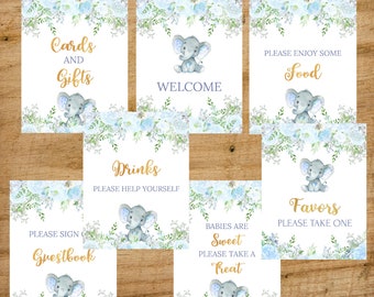 Elephant Baby Shower Table Signs, Blue Baby shower table signs, Baby shower signs Welcome, Drinks, Food, Gifts, Treat, Guest Book, Favors