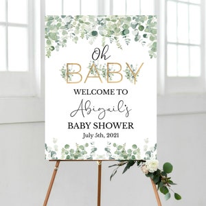 PRINTABLE Greenery Gold Oh Baby Welcome Sign, Baby Shower Welcome Sign, DIGITAL Green Gold Welcome Baby Shower Sign, Printable Eucalyptus