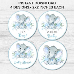 Baby Shower Boy Cupcake Toppers, Blue Elephant Printable Baby Shower Cupcake Toppers, Elephant Decoration, Baby Shower Boy, Instant Download