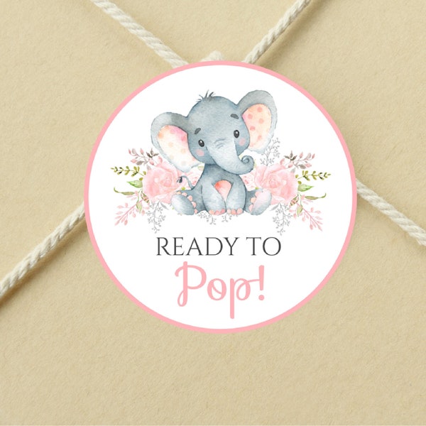 Ready To POP Labels Printable, Pink Elephant Favor Toppers, Stickers, Baby Shower Gift Tag, Cupcake Toppers, Instant Download, PRINTABLE
