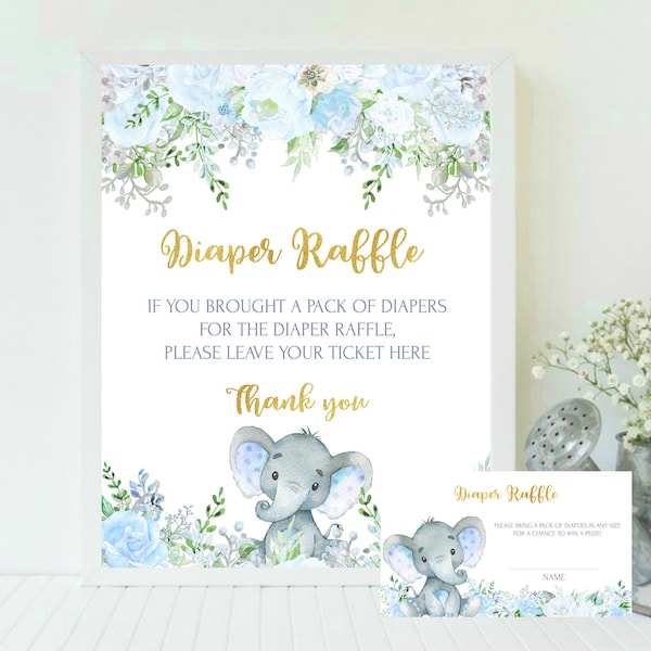 Blue Elephant Diaper Raffle Sign Printable, Diaper Raffle Tickets for Boy Baby Shower, Diaper Raffle Game, Diaper Raffle Sign and Tickets