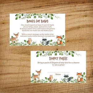 Boeken voor baby en luier Loterijkaartenset Woodland Afdrukbaar boekverzoek en luierloterij, kaartjes babyshower