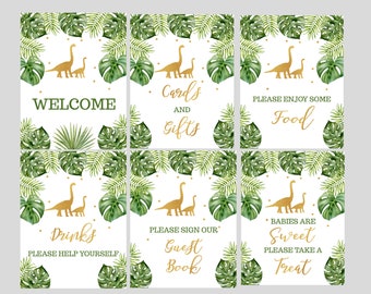 Dinosaur Baby Shower Table Signs, Green and Gold Baby shower table signs, Baby shower signs Welcome, Drinks, Food, Gifts, Treat, Guest Book