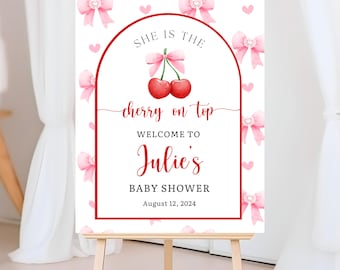 Cherry Baby Shower Welcome Sign: Pink Bow Decor (Digital Download)