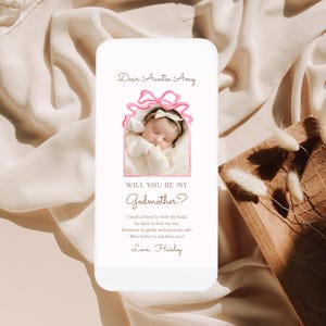 ¿Quieres ser mi madrina? Plantilla digital, propuesta de madrina de bebé con lazo rosa para teléfono, propuesta de bautismo, mensaje de texto Canva