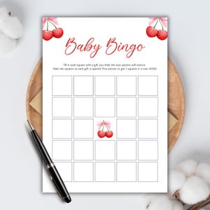 Jogo de chá de bebê de bingo, chá de bebê com tema de cereja Coquette, jogo de chá de bebê com tema g rosa e vermelho, cartões de bingo para bebês, download instantâneo