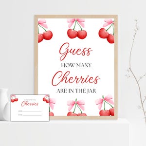 Juego de adivinanzas para baby shower: cerezas, lazo rosa dulce de cereza, letrero y tarjeta para el juego de adivinanzas de baby shower, descarga instantánea