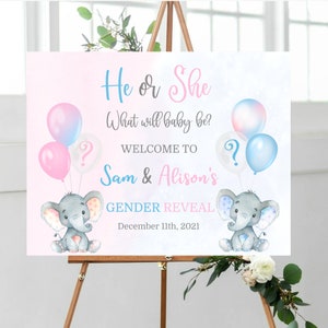 Printable Elephant Gender Reveal welcome sign, blue and pink, Elephant he or she, Baby shower, Gender Reveal Poster, Printable