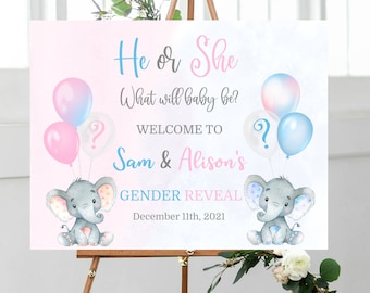 Printable Elephant Gender Reveal welcome sign, blue and pink, Elephant he or she, Baby shower, Gender Reveal Poster, Printable