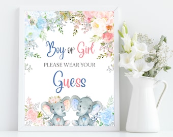 Elephant Gender Reveal Sign: Wear Your Guess, Blue or Pink (Printable)