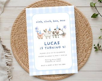 Farm Birthday Invitation: Blue Gingham Barnyard Animals (Editable Canva Template, 5x7, Digital Download)