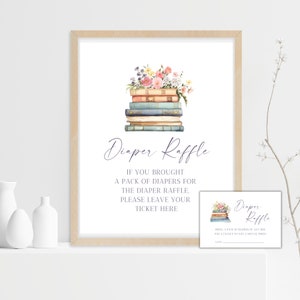 Cartello e biglietti per la lotteria dei pannolini Libro a tema Porta i pannolini Biblioteca Libro di fiabe Giochi per baby shower Libri ad acquerello Giochi per bambini misti Libro floreale