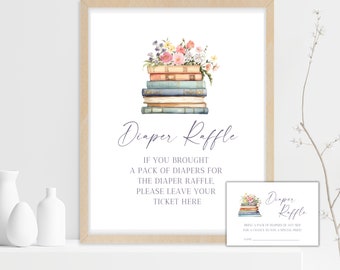 Cartel y tarjetas para la rifa de pañales de cuentos: Libros florales de acuarela (descarga digital)