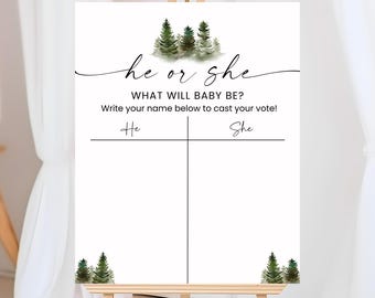May include: A white sign on an easel with the text "he or she" and "WHAT WILL BABY BE?" in black script. The sign has a section for "He" and "She" votes, with a forest graphic at the top and bottom. The sign is for a baby shower.