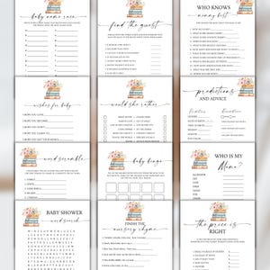 May include: A collection of printable baby shower games, including "Baby Name Race," "Find the Guest," and "Who Knows Mommy Best?" Each game features floral and book illustrations, with various fill-in-the-blank and matching activities. The games are designed for a baby shower.