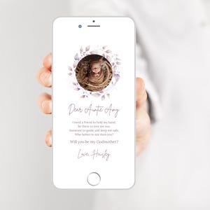 ¿Quieres ser mi madrina? Plantilla digital, propuesta de madrina de bebé en color morado neutro para teléfono, propuesta de bautismo, mensaje de texto Canva