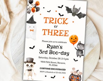 Trick or Three Halloween-födelsedagsinbjudan, läskigt spöktema (redigerbar digital nedladdning)