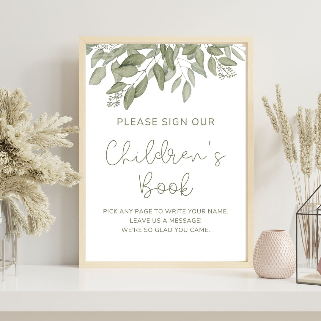 Greenery Baby Shower Guest Book Sign: Children's Book Theme (digital ...
