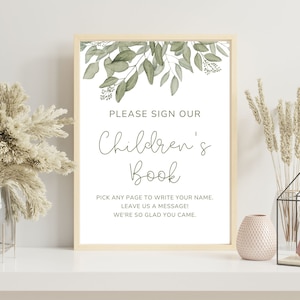 Veuillez signer notre livre d'or pour enfants, signe de livre d'or de baby shower minimaliste de verdure neutre, signe de livre d'enfants, signe d'invité de douche