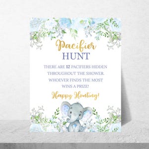 Pacifier Hunt Game, Elephant Pacifier Hunt Game, Printable Baby Shower Games, Pacifier Hunt Sign, Blue Elephant Baby Shower Game