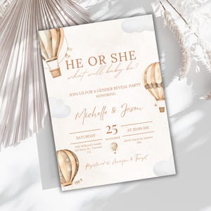 Hot Air Balloon He or She Gender Reveal Invitation, Neutral tones Gender Reveal Party Theme Editable Digital Template Canva