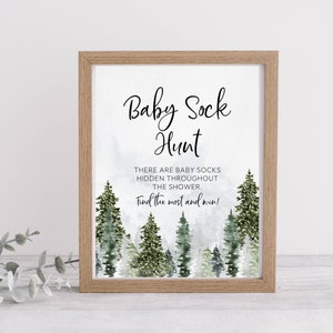 Letrero de búsqueda de calcetines para bebé, juego de búsqueda de calcetines, juego de encontrar los calcetines en la montaña, juego de calcetines en el bosque, juegos para baby shower imprimibles, descarga instantánea