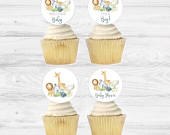 Baby Shower Boy Cupcake Toppers, Jungle Safari Printable Baby Shower Cupcake Toppers, Jungle Decoration, Baby Shower Boy, Instant Download