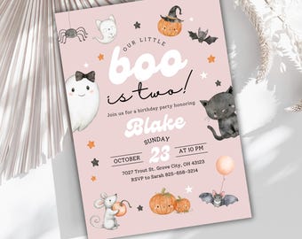 May include: A pink Halloween-themed invitation with the text "Our Little Boo is Two!" and "Blake". The design includes illustrations of a ghost, cat, pumpkin, bat, and mouse. The date is October 23 at 10 PM.
