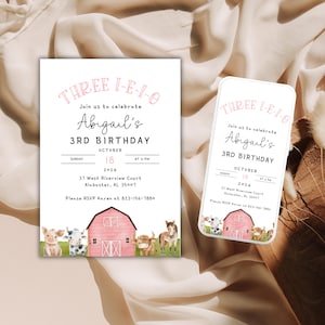 Convite de aniversário Three I E I O, convite de aniversário 3D de animal de fazenda para menina | Modelo de convite para impressão de aniversário de fazenda editável rosa