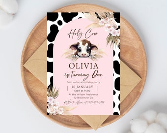 Holy Cow Invite, Holy Cow I am one Invitation, Editable, Pink Holy Cow Birthday Invitation Pampas invite, Cow Print, Editable Canva