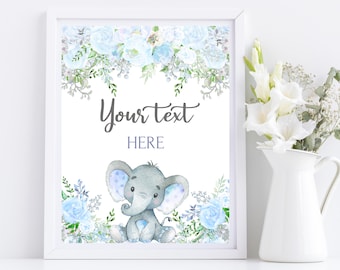Customized  DIGITAL baby shower sign, Blue elephant baby shower sign, boy baby shower, personalised shower sign Your text here sign, DIGITAL