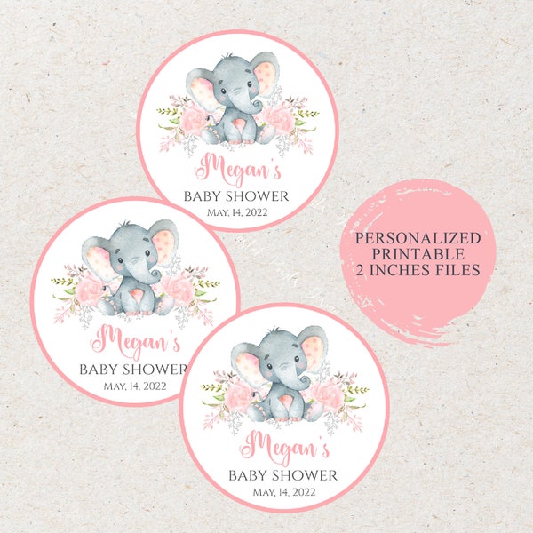 Elephant Favor Tags, Personalized Labels Pink Floral Elephant, Printable Boy Baby Shower Floral Pink Elephant Favor Tags, PRINTABLE