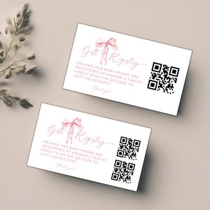 Baby-Geschenk-Registratur mit QR-Code, rosa Schleife-Babyparty-Registratur, bearbeitbare Canva-Kartenvorlage, QR-Code-Karte, Babyparty-Beilage