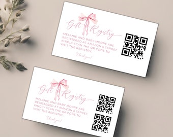 Baby Gift Registry Card With QR Code, Pink bow Baby Shower Registry, Editable Canva Card Template, QR Code Card, Baby Shower Insert