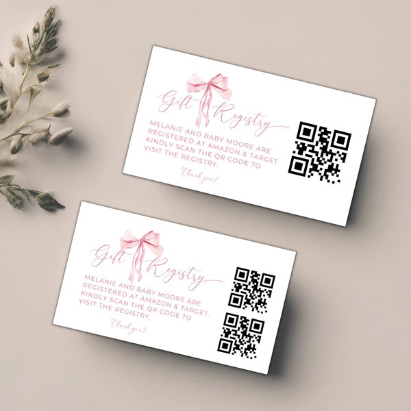 Baby Gift Registry Card With QR Code, Pink bow Baby Shower Registry, Editable Canva Card Template, QR Code Card, Baby Shower Insert