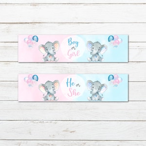 Printable Water Bottle Gender Reveal Label, He or She Balloon Bottle Label, Pink or Blue Elephant, Boy or Girl Waterbottle, Instant Download