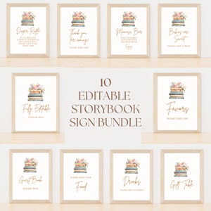 May include: Ten printable signs featuring a stack of books with floral accents. The signs are for a baby shower and include titles like "Diaper Raffle", "Thank You for Coming", "Mamas Bar", "Babies are Sweet", "Fully Editable", "Favors", "Guest Book", "Food", "Drinks", and "Gift Table".