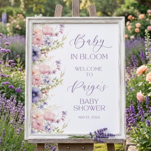 Floral Baby Shower Willkommensschild: Lila Wildblumenwiese (bearbeitbar, digitaler Download)