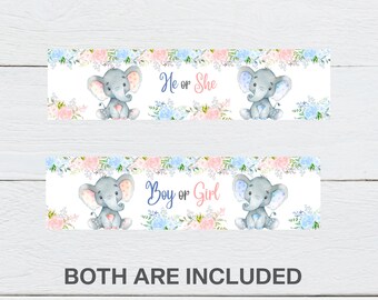 Elephant Gender Reveal Water Bottle Label: Pink & Blue (Digital File)