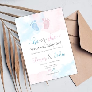 Footprint Gender Reveal Einladung, Footprint Junge oder Mädchen er oder sie Gender Reveal Einladung, bearbeitbare Gender Reveal Party, bearbeitbare Canva