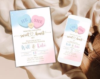 Little Sweetheart Gender Reveal Invitation, valentine boy or girl he or she Gender Reveal Invitation, Editable Gender Reveal Party, Canva