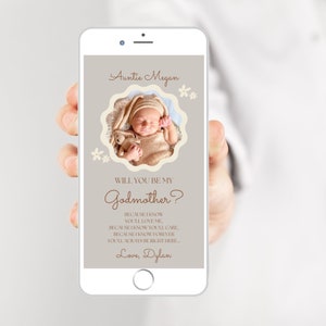 ¿Quieres ser mi madrina? Plantilla digital, propuesta de madrina de bebé neutral en género beige para teléfono, propuesta de bautismo, mensaje de texto Canva
