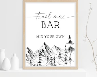 Trail-Mix-Bar-Schild – zum Ausdrucken, Waldberg, sofortiger Download, Wald-Trail-Mix-Bar-Babyparty-Schild – Berg-Themen-Trail-Mix