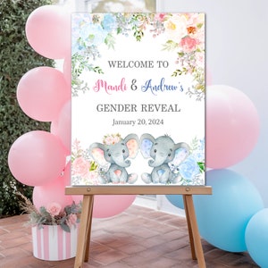 Elephant Gender Reveal welcome sign, Printable blue and pink, elephant pink and blue, Baby shower, Gender Reveal Poster, Digital