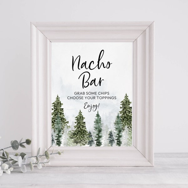 Nacho bar sign printable, woodland forest party decoration, mountain gender neutral shower table decor, Mountain Themed Bar Sign