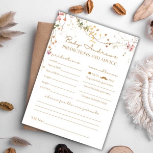 Carte de prédictions et de conseils pour bébés bohèmes en fleurs Baby shower, douche de fleurs sauvages, modifiable, jeu de prédictions de bébé, conseils pour les nouveaux parents