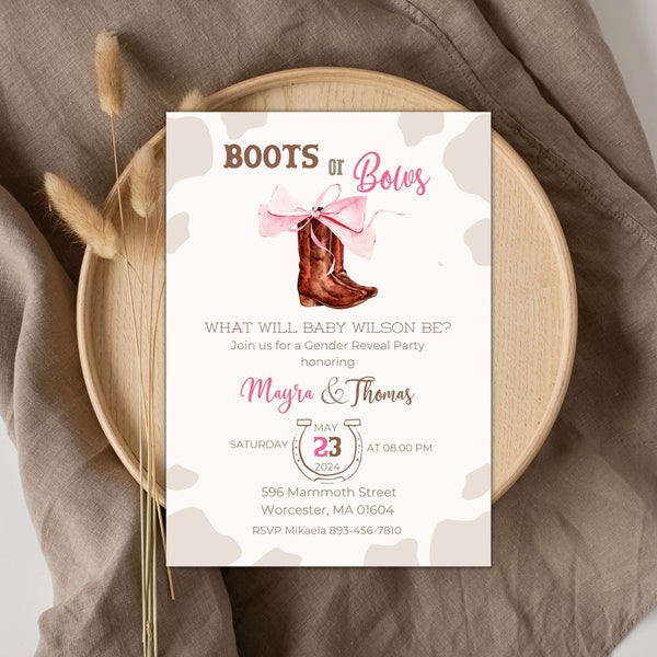 Boots or bows gender reveal invitation, western boots pink bowtie reveal invitation for girl or boy, canva template, co ed baby shower