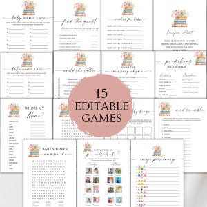 May include: A collection of 15 printable baby shower game cards featuring a watercolor illustration of stacked books topped with flowers. Each white card includes black text for activities like baby name race, word scramble, and bingo.