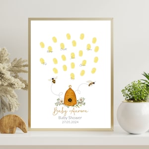 Árbol de huellas dactilares personalizado con diseño de abeja para baby shower, libro de visitas personalizado, recuerdo de cumpleaños de abeja